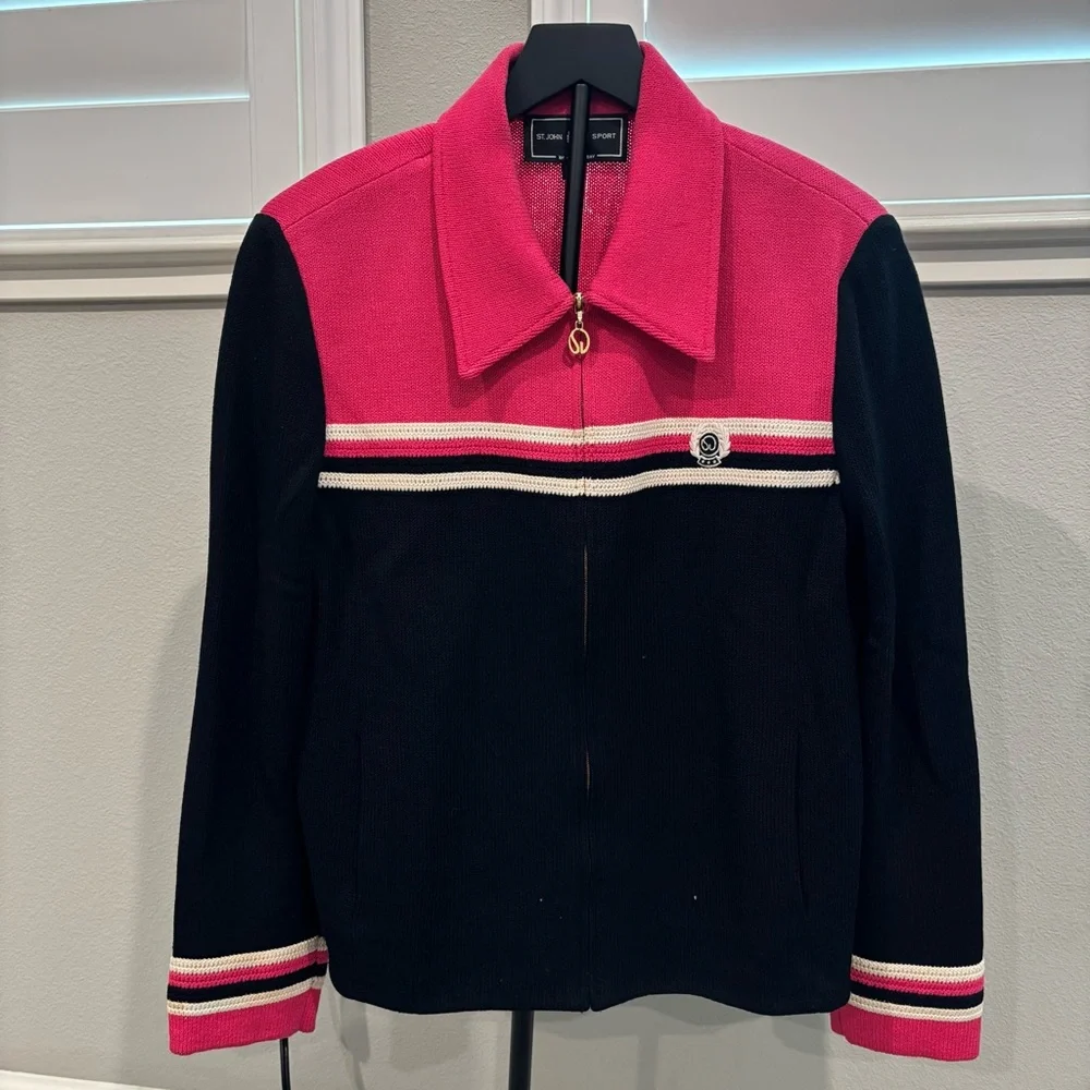 ST JOHN Sport Women's Blazer Black-Blue Pink White Striped With Zipper Size M - Picture 3 of 7